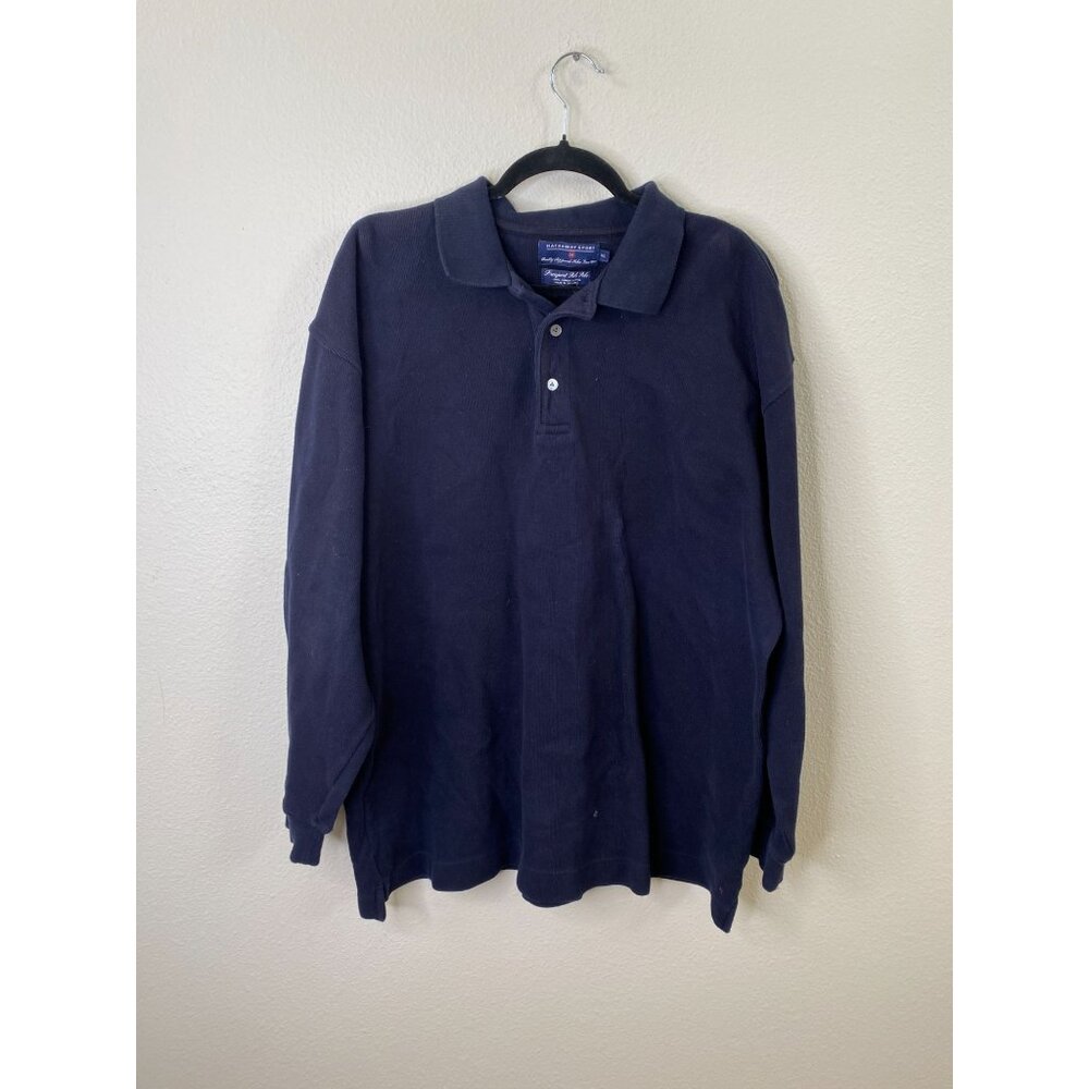 Hathaway Sport Navy Blue Long Sleeve Polo Shirt XL 100% Combed Cotton Classic Fi